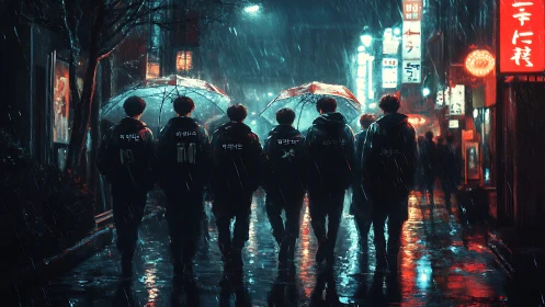 Friends under neon rain sharing secrets of the night street.