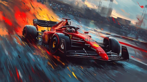 Scarlet race beast carving fire through storm-soaked asphalt.