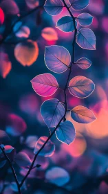 Branch leaves in blue and magenta bokeh lighting study.