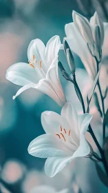 White lily flowers with golden stamens blooming against teal background