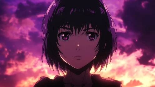 Twilight resolve on anime girl against blazing sky glow.