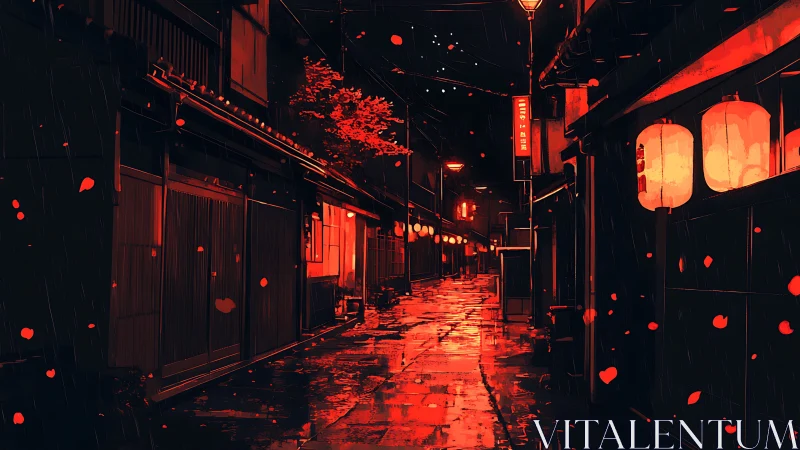 Rainy lantern alley with red-lit traditional street.