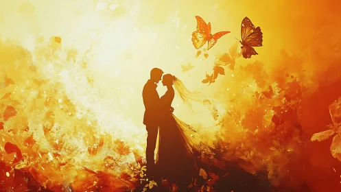 Wedding Dance Silhouette with Golden Butterflies.