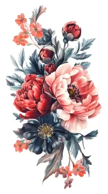 Botanical floral arrangement with peonies and ranunculus specimens.