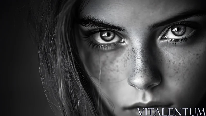 Quiet storm of freckled eyes in monochrome close-up portrait.