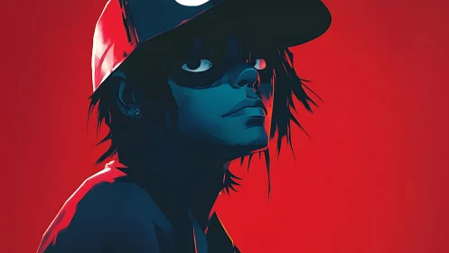 Blue-lit youth in red cap gazes upward against red field