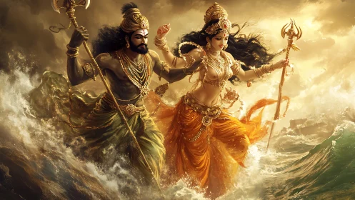 Mythic warrior deities traversing turbulent golden seascape.