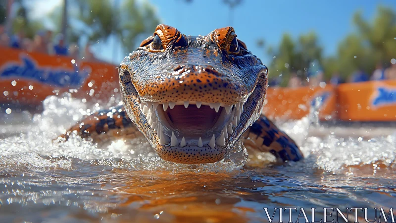 Aggressive alligator lunges toward camera through shallow water