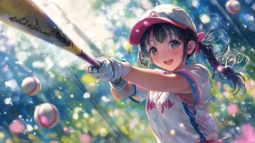 Smiling anime batter swings amid sparkling baseballs and light.