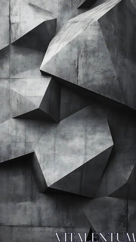 Geometric concrete relief wall with angular faceted volumes.