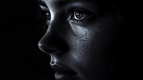 Intense side portrait in dramatic low key monochrome lighting.
