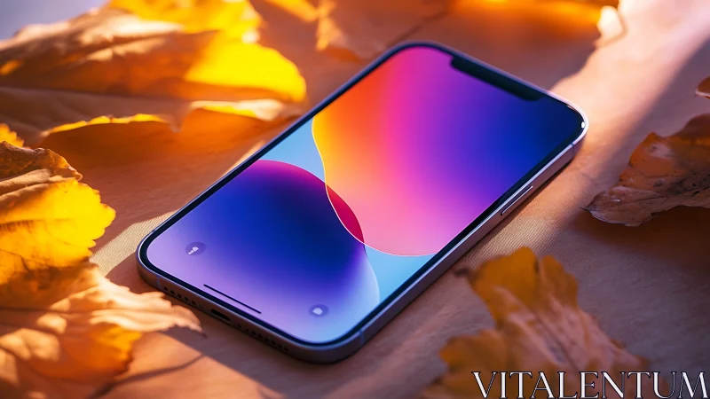 Smartphone with gradient display wallpaper on autumn surface.