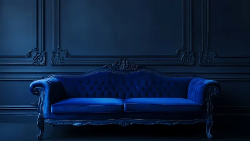 Deep blue velvet sofa in a cozy, elegantly moody room.
