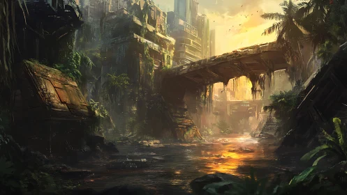Sunlit post-apocalyptic viaduct spans jungle-flooded ruins