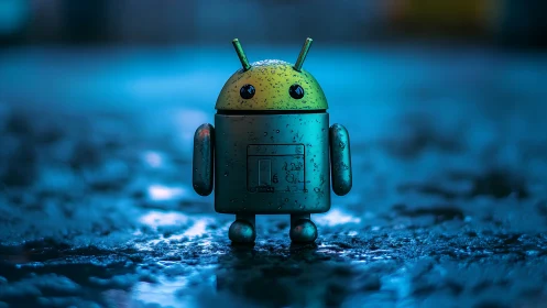 Rain-soaked android mascot stands on neon-lit wet asphalt