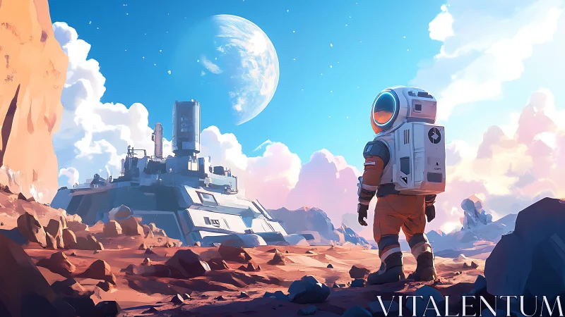 Rookie Martian explorer gazes toward a newborn frontier base.