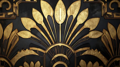 Gold art deco floral relief on dark textured background.