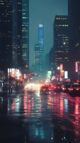 Neon rainstorm crowns a midnight canyon of glass and chrome.