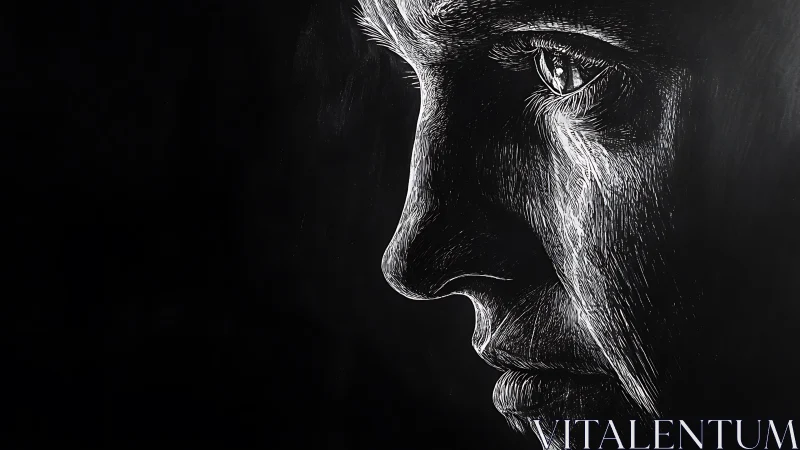 Quiet tears in monochrome light trace a thoughtful face.