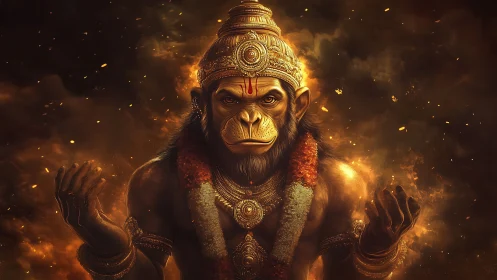Mythic anthropomorphic monkey deity in ornate golden attire.