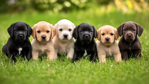 Symmetrical row of Labrador puppies rendered in photoreal clarity