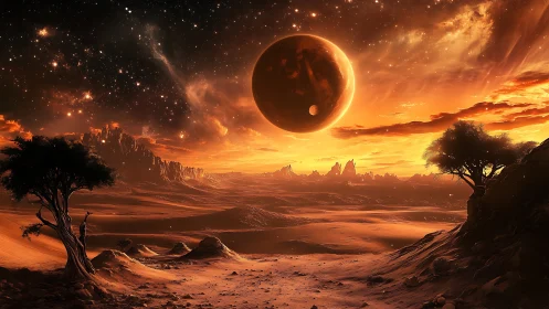 Binary eclipsed gas giant over windswept alien desert basin