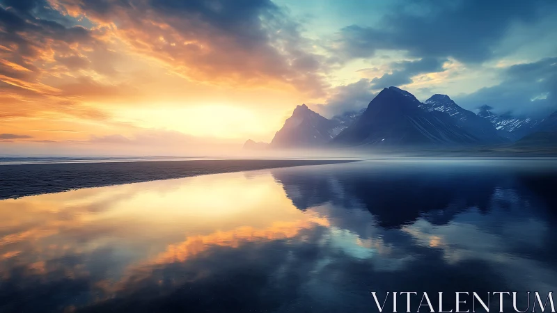 Sunrise over misty mountains mirrored in calm water.
