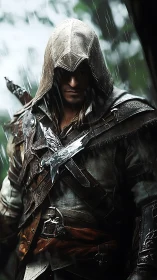 Hooded rain‑soaked rogue with tactical leather harness system.
