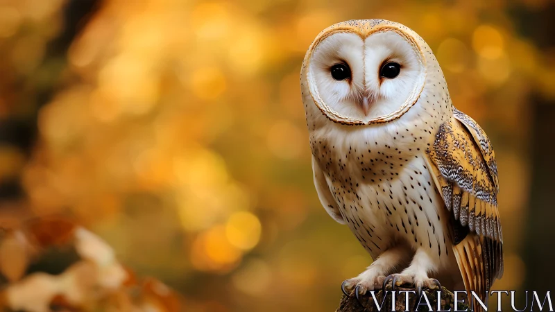 Beautiful barn owl perched on tree stump in autumn forest, photorealistic.