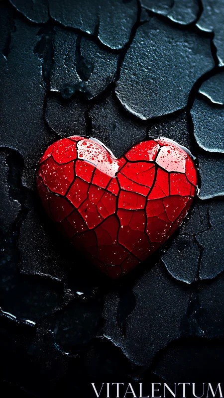 Red heart cracked against dark stone texture background