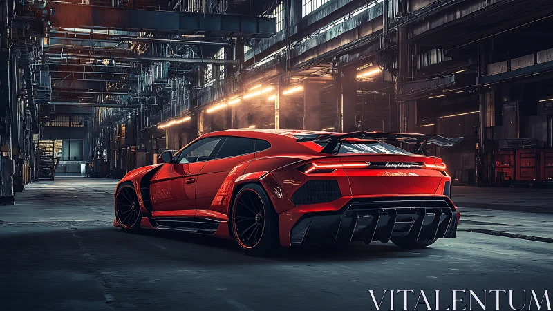 Red widebody supercar in moody industrial warehouse setting.