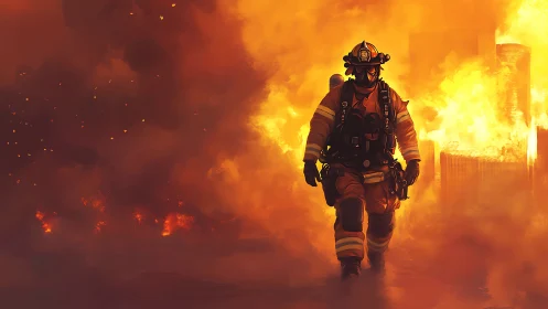 Firefighter advancing through intense flames and smoke