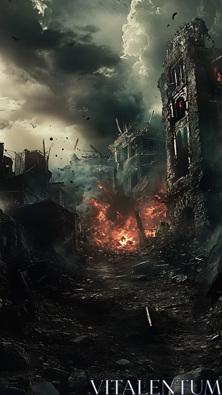 Burning war-torn city street collapses under storm clouds.