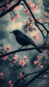 Black bird rests on branch within pink flowering tree