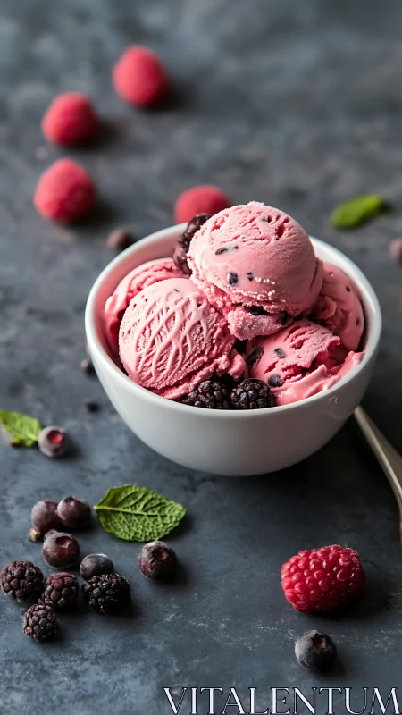 Raspberry ice cream scoops in bowl with berries on slate surface