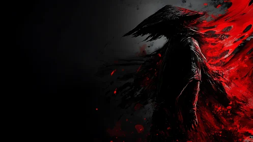 Silent wanderer wrapped in red shadow and motion.