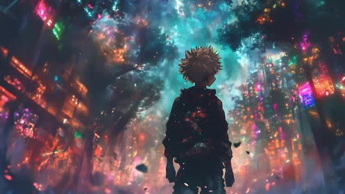 Silhouetted figure beneath luminous urban forest sky.