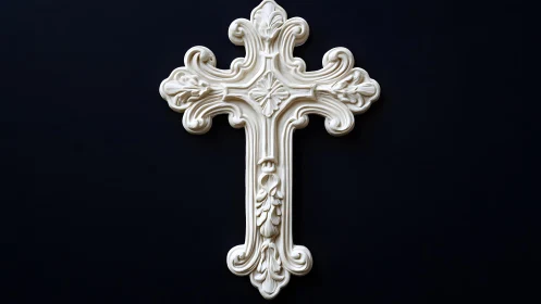 Ornate white decorative cross on black background, classical style.