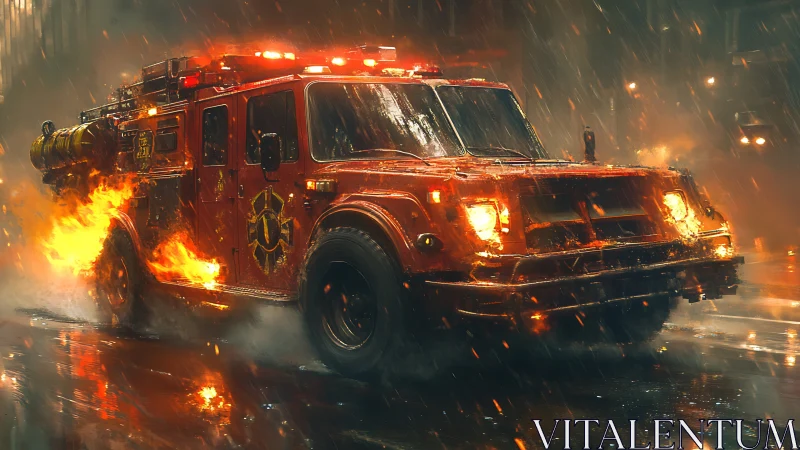 Inferno Fire Truck Charging Through Rainstorm with Blazing Flames
