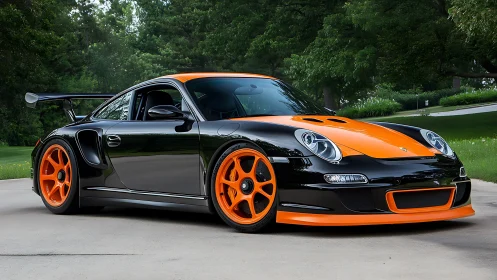 Black and orange sports coupe parked on residential driveway.