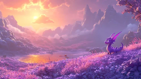 Purple baby dragon gazes across glowing fantasy sunset valley.