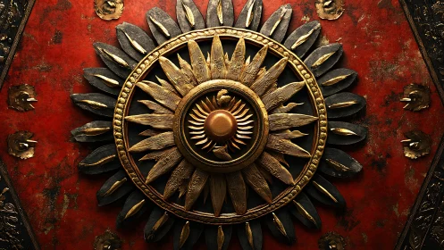 Golden sunburst medallion glowing over rich red canvas.