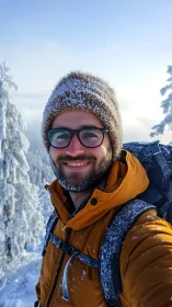 Frost-kissed hiker grins into a blue and whispery winter sky