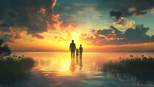 Sunset stroll with a loving family by the glowing lakeshore.