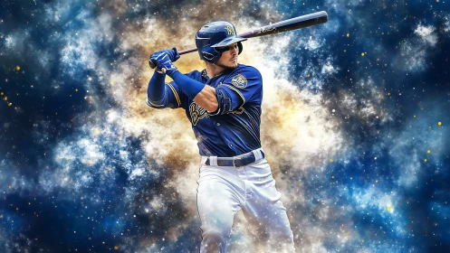 Baseball batter poised mid-swing in cosmic nebula field.