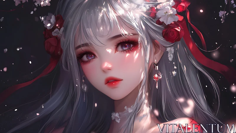 Silver haired anime maiden with floral crimson accents at dusk.