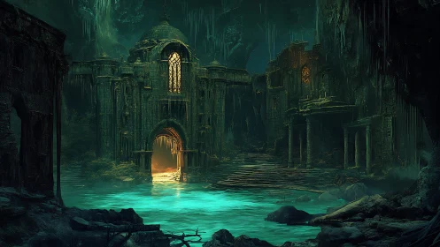 Ancient stone ruin stands over illuminated turquoise water
