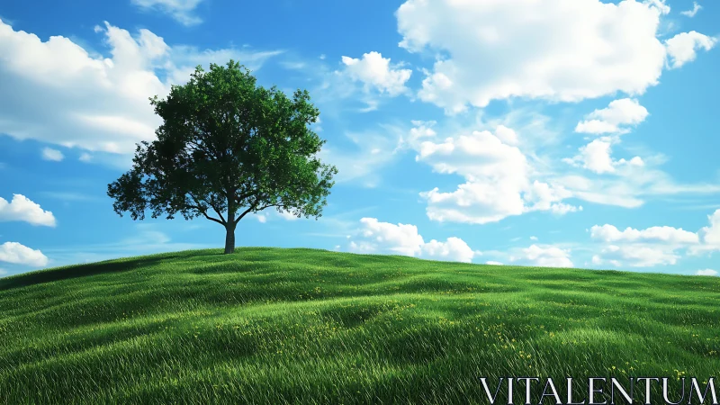 Lone green tree crowns a sunlit, windswept grassy hill.