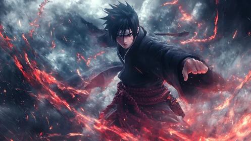 Anime warrior unleashes fiery energy arcs in storm vortex