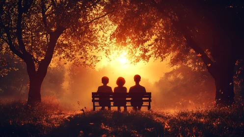 Sunset bench gathering under glowing golden trees together.